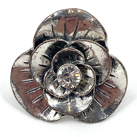 Silver Tone Metal Flower Rhinestone Bling Adjustable Ring Costume Jewelry 7.25 - Picture 1 of 6